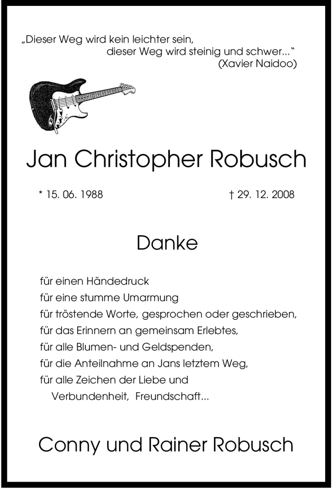  Traueranzeige für Jan Christopher Robusch vom 03.02.2009 aus Tageszeitung