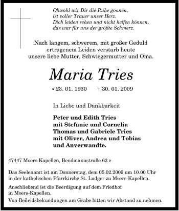 Traueranzeige von Maria Tries von Tageszeitung
