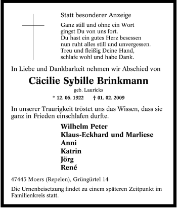 Traueranzeige von Cäcilie Sybille Brinkmann von Tageszeitung
