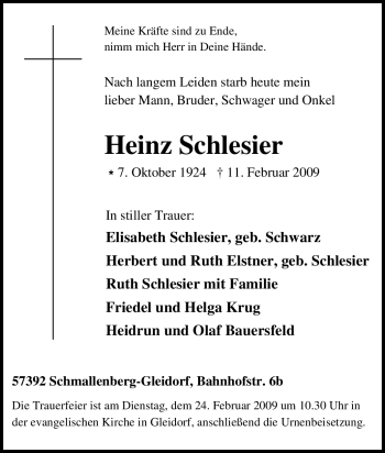 Traueranzeige von Heinz Schlesier von Tageszeitung