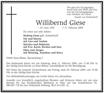 Traueranzeige von Willibernd Giese von Tageszeitung