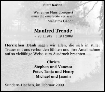 Traueranzeige von Manfred Trende von Tageszeitung