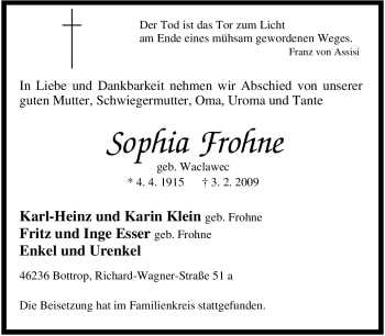 Traueranzeige von Sophia Frohne von Tageszeitung