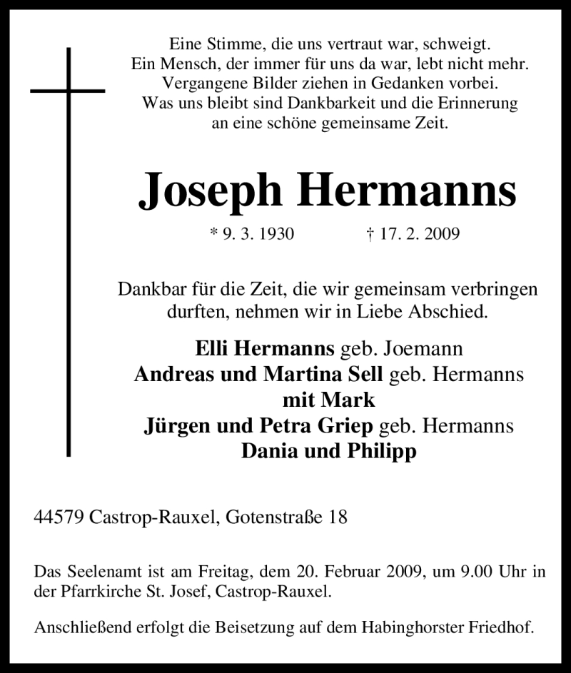  Traueranzeige für Joseph Hermanns vom 18.02.2009 aus Tageszeitung