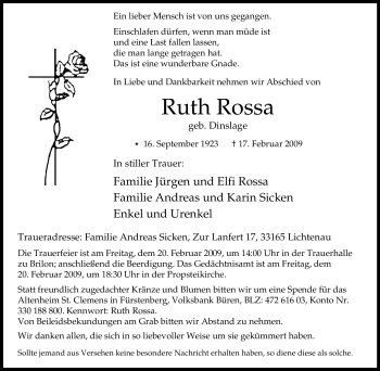 Traueranzeige von Ruth Rossa von Tageszeitung