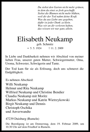 Traueranzeige von Elisabeth Neukamp von Tageszeitung