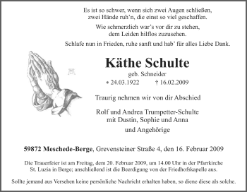 Traueranzeige von Käthe Schulte von Tageszeitung
