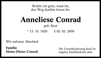 Traueranzeige von Anneliese Conrad von Tageszeitung