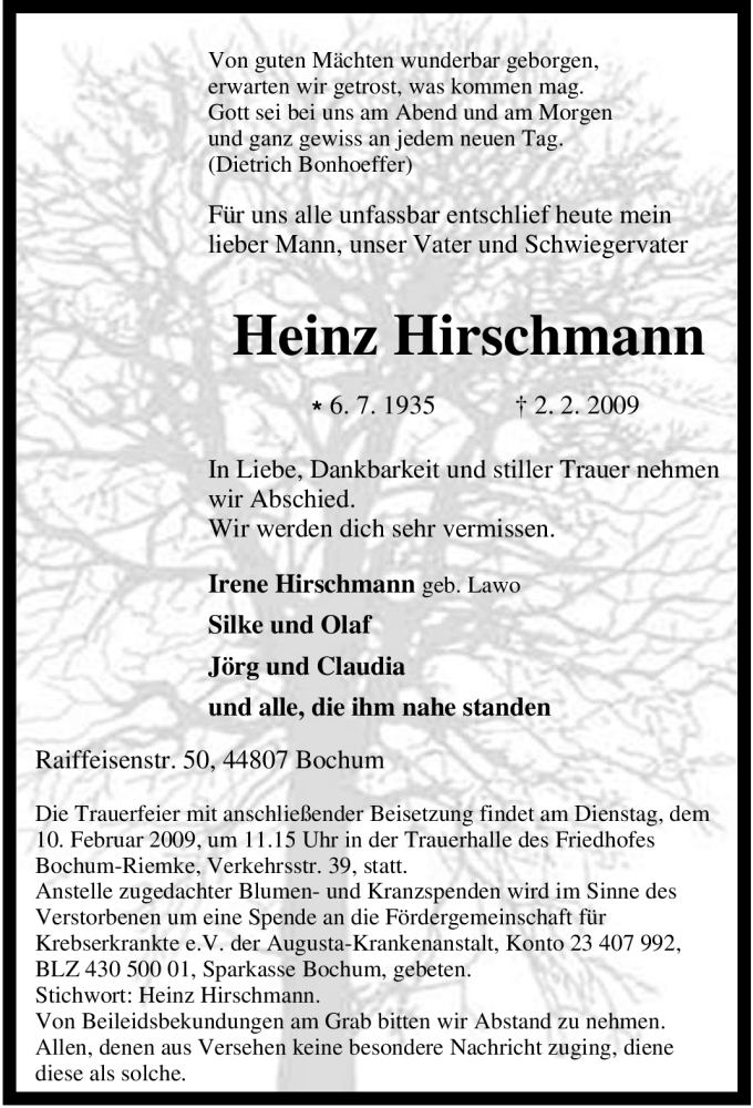  Traueranzeige für Heinz Hirschmann vom 07.02.2009 aus Tageszeitung