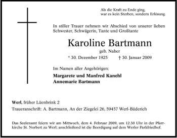 Traueranzeige von Karoline Bartmann von Tageszeitung