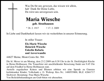 Traueranzeige von Maria Wiesche von Tageszeitung