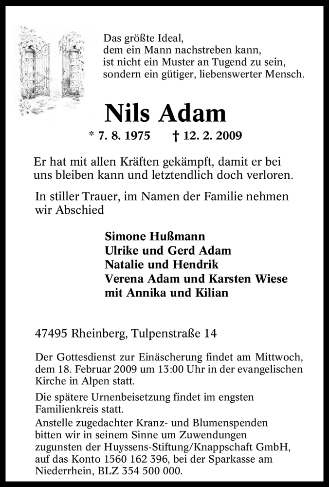  Traueranzeige für Nils Adam vom 14.02.2009 aus Tageszeitung