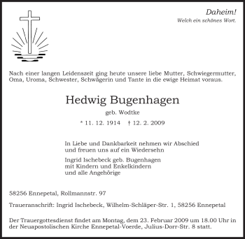 Traueranzeige von Hedwig Bugenhagen von Tageszeitung