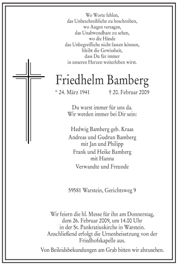 Traueranzeige von Friedhelm Bamberg von Tageszeitung