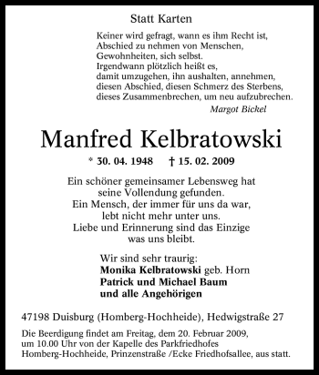 Traueranzeige von Manfred Kelbratowski von Tageszeitung