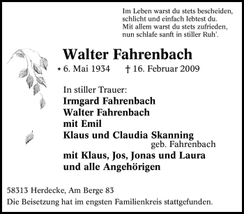 Traueranzeige von Walter Fahrenbach von Tageszeitung