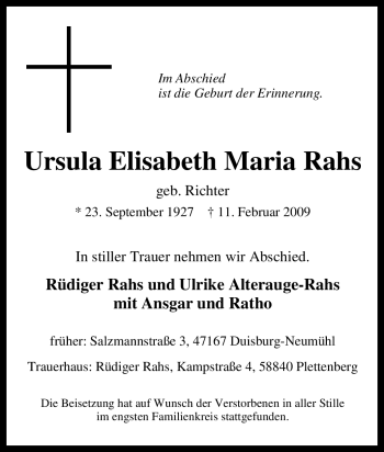 Traueranzeige von Ursula Elisabeth Maria Rahs von Tageszeitung