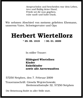 Traueranzeige von Herbert Wiertellorz von Tageszeitung