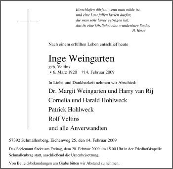 Traueranzeige von Inge Weingarten von Tageszeitung