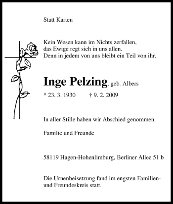 Traueranzeige von Inge Pelzing von Tageszeitung