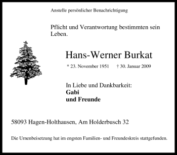 Traueranzeige von Hans-Werner Burkat von Tageszeitung