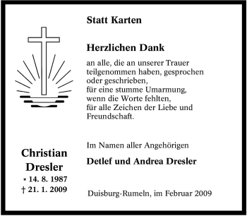 Traueranzeige von Christian Dresler von Tageszeitung
