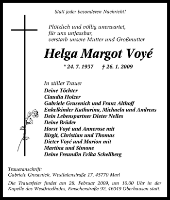 Traueranzeige von Helga Margot Voyé von Tageszeitung