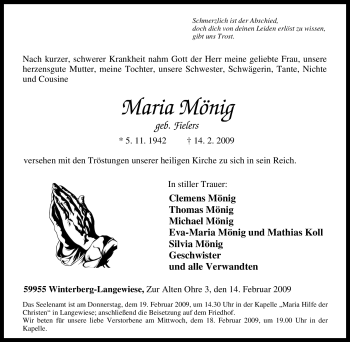 Traueranzeige von Maria Mönig von Tageszeitung