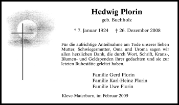 Traueranzeige von Hedwig Plorin von Tageszeitung