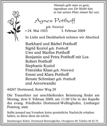 Traueranzeige von Agnes Potthoff von Tageszeitung