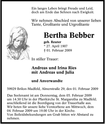 Traueranzeige von Bertha Bebber von Tageszeitung