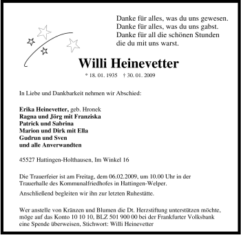 Traueranzeige von Willi Heinevetter von Tageszeitung