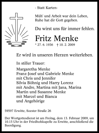 Traueranzeige von Fritz Menke von Tageszeitung