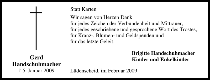  Traueranzeige für Gerd Handschuhmacher vom 21.02.2009 aus Tageszeitung