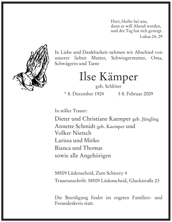 Traueranzeige von Ilse Kämper von Tageszeitung