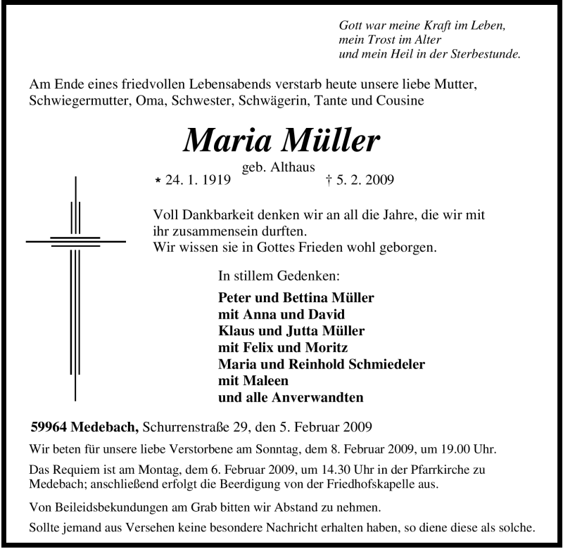  Traueranzeige für Maria Müller vom 06.02.2009 aus Tageszeitung