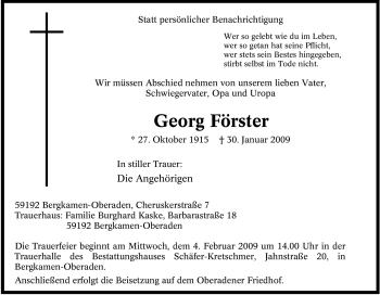 Traueranzeige von Georg Förster von Tageszeitung