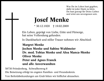 Traueranzeige von Josef Menke von Tageszeitung