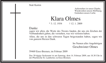 Traueranzeige von Klara Olmes von Tageszeitung