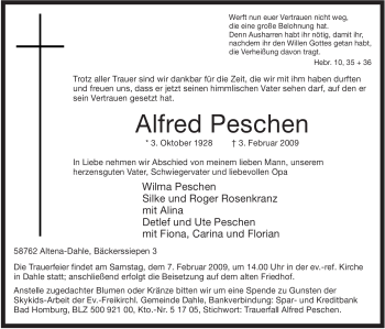 Traueranzeige von Alfred Peschen von Tageszeitung