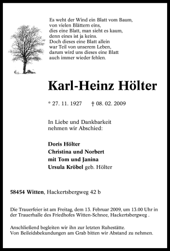 Traueranzeige von Karl-Heinz Hölter von Tageszeitung