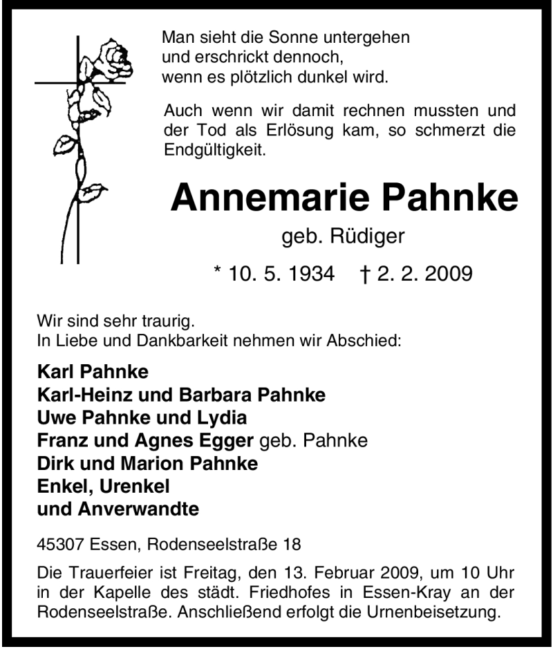  Traueranzeige für Annemarie Pahnke vom 07.02.2009 aus Tageszeitung