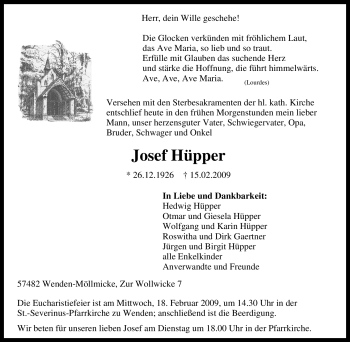 Traueranzeige von Josef Hüpper von Tageszeitung