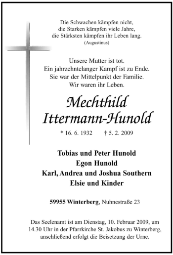 Traueranzeige von Mechthild Ittermann-Hunold von Tageszeitung