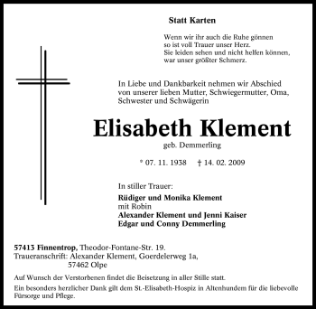 Traueranzeige von Elisabeth Klement von Tageszeitung