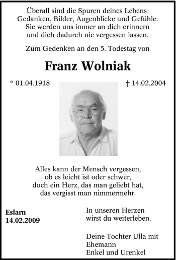 Traueranzeige von Franz Wolniak von Tageszeitung