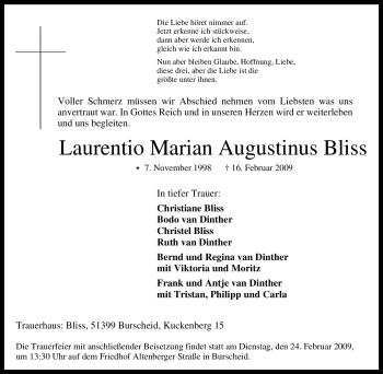 Traueranzeige von Laurentio Marian Augustinus Bliss von Tageszeitung
