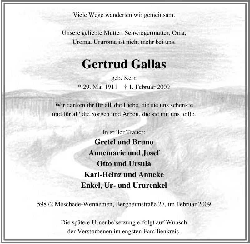  Traueranzeige für Gertrud Gallas vom 07.02.2009 aus Tageszeitung