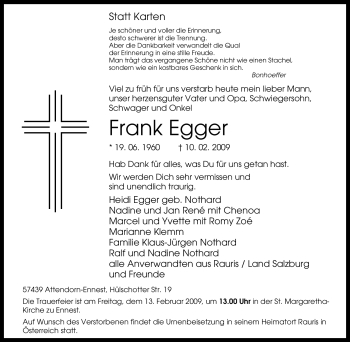 Traueranzeige von Frank Egger von Tageszeitung