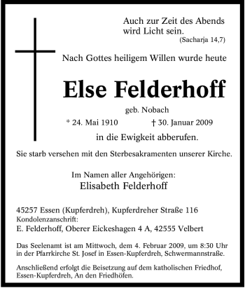 Traueranzeige von Else Felderhoff von Tageszeitung